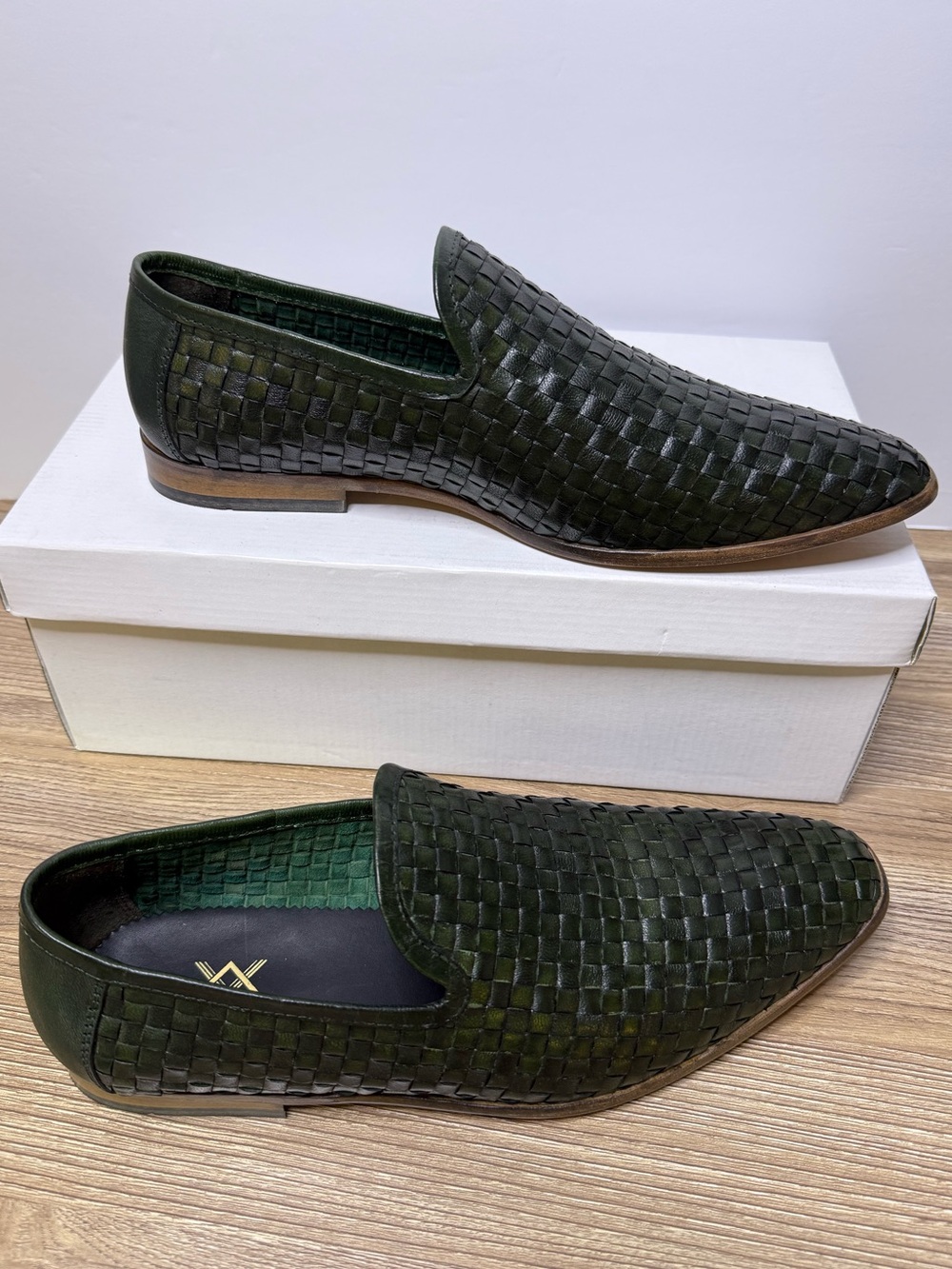 Anthony Veer Woven Leather Slip On Loafers Green Handmade Men’s 9.5